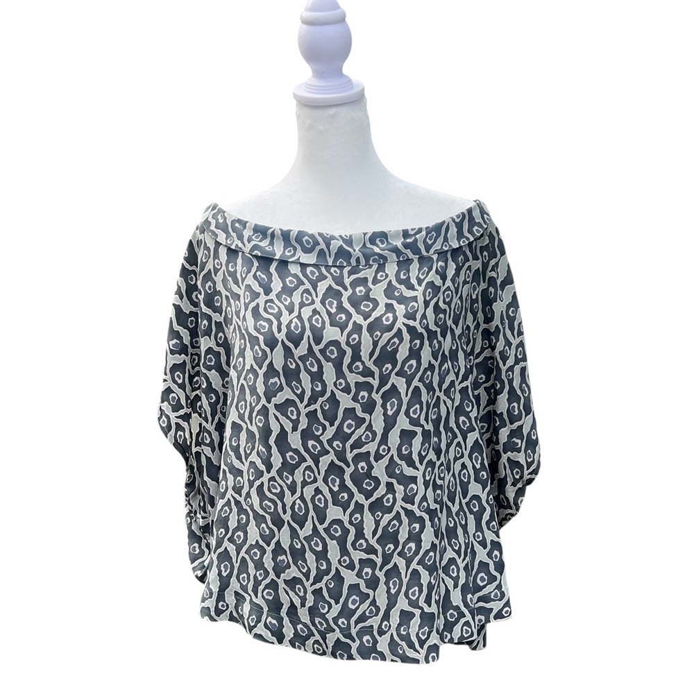 SUNO Blue‎ Green Off The Shoulder Patterned Boxy Silk Blouse Size Medium